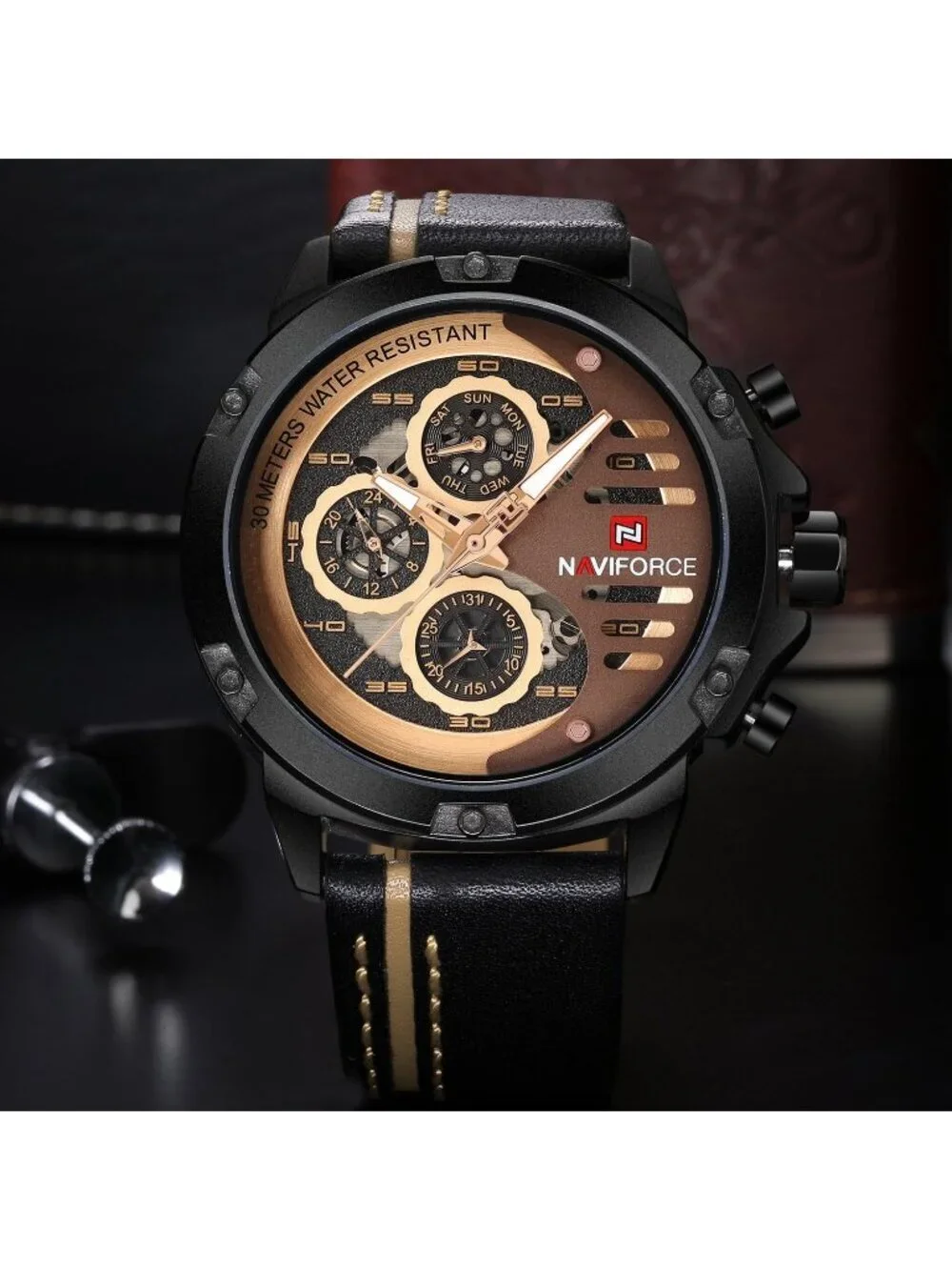 Men's Black Rose Gold Analog Quartz Leather Band Waterproof Military Wrist Watch
